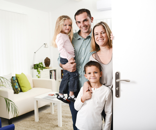 family opening door