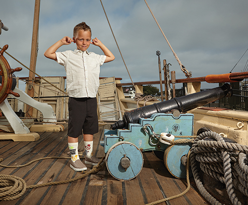 Greyson Mino firing off a toy cannon