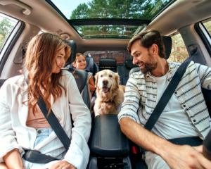 family and dog traveling in a car